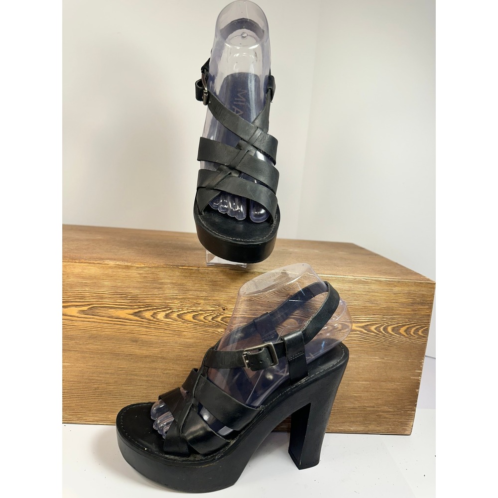 MIA Platform Heels Womens 7M Black Leather Strappy Chunky Platform Y2K Coquette